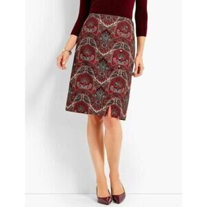 Stunning TALBOTS Red Green Paisley Print Knee Button Front Lined A Line Skirt 2